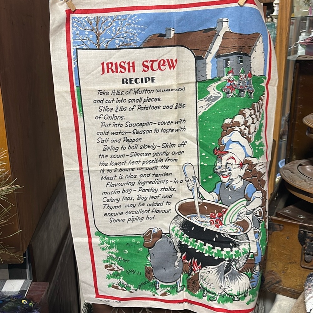 Vintage lien Tea Towel/ Irish Wall Tapestry Irish Stew Recipe 30" x 21"